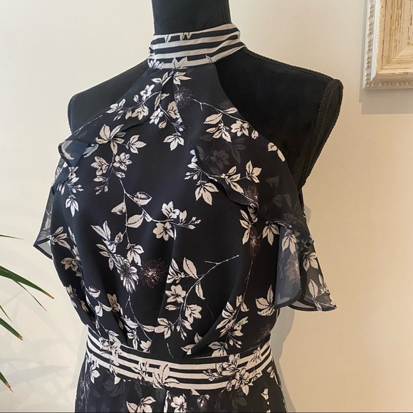 SHEIKE Halter Neck Floral Black Dress Ruffle Detail Elegant Cocktail Striped 8 - Picture 5 of 15